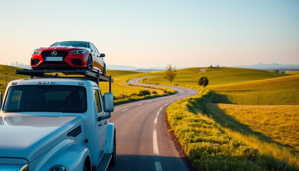 A serene scene of a car shipping process during a cross-state move. In the foreground, showcase a modern, professional car transport truck with a sleek, bright red sedan securely strapped onto the top deck. In the middle ground, depict a well-maintained road winding through lush green landscapes, with a clear blue sky overhead. Add a few trees and distant hills to enhance the scenery. The background should include a faint outline of a city skyline, suggesting the departure point for the move. Use warm, natural lighting to create a welcoming atmosphere, with soft shadows highlighting the truck and car. Capture the image from a slightly elevated angle to emphasize the logistics of car shipping, evoking a sense of reliability and professionalism in the moving process.