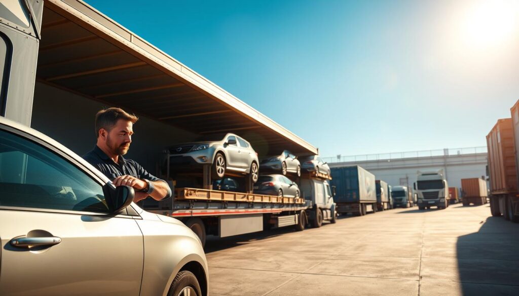 A serene, sunlit scene depicting a car shipping yard set against a clear blue sky, filled with rows of transport trucks lined up for car shipments. In the foreground, a professional-looking truck driver, dressed in modest work attire, inspects a shiny sedan ready for loading. In the middle, a transport truck carefully loaded with various cars, showcasing a mix of colors and styles. In the background, a bustling hub with shipping containers and additional trucks, hinting at the operational aspect of car shipping logistics. The lighting is bright, emphasizing the afternoon sun, creating long shadows and highlights that give depth to the scene. The overall mood is professional and industrious, evoking the theme of logistics and transportation.