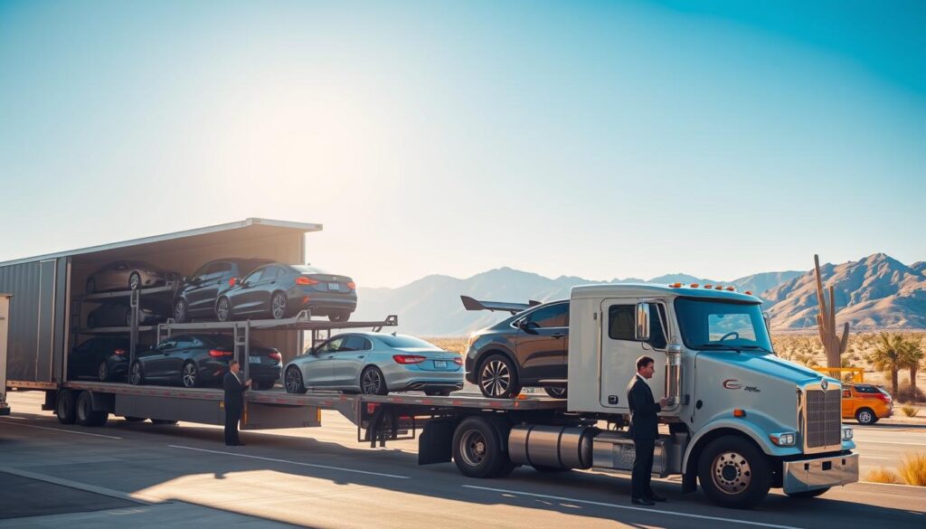 A serene transport scene showing cars being shipped to Arizona. In the foreground, a large, enclosed car carrier truck is parked at a logistics facility, showcasing a variety of vehicles carefully loaded onto the racks. The middle ground features staff in professional business attire, efficiently guiding the loading process and checking paperwork. In the background, the expansive Arizona desert landscape is visible, bathed in warm golden sunlight, with mountains silhouetted against a bright blue sky. The atmosphere conveys professionalism, reliability, and the promise of safe transportation. The angle is slightly elevated, providing a comprehensive view of the scene while capturing the hustle and bustle of the shipping operation, enveloped in a calming, organized aura.