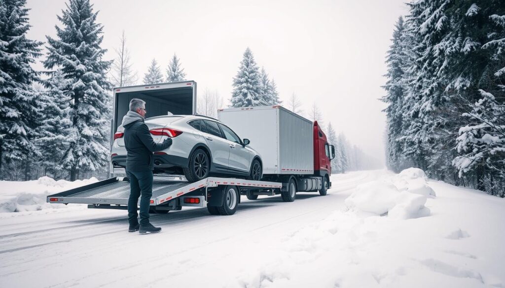A serene winter landscape featuring a snow-covered road with a car being loaded onto a transport truck. In the foreground, a professional in winter attire carefully secures the car, demonstrating safety measures. The middle ground includes a well-equipped shipping truck and nearby snowdrifts, setting a practical scene of winter car transport. The background showcases frosted evergreen trees and a light snowfall, creating a tranquil winter atmosphere. Soft, diffused daylight bathes the scene, highlighting the icy textures and warm colors of the vehicle. The overall mood is focused and informative, reflecting the essential tips for safely shipping cars in winter conditions.