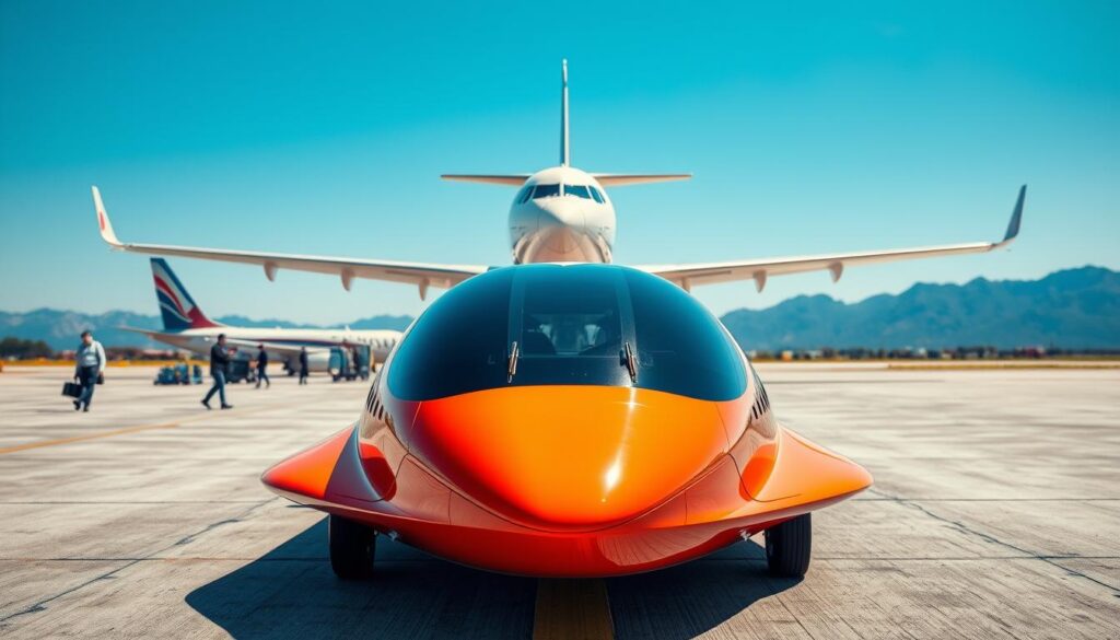 A sleek air freight car, designed for rapid transportation, positioned prominently in the foreground, showcasing its aerodynamic shape and vibrant colors. In the middle ground, a busy airfield is visible, featuring an airplane preparing for takeoff, with workers in professional attire coordinating logistics, capturing a sense of urgency and efficiency. The background depicts a clear blue sky and distant mountains, hinting at the expansive journey ahead. The lighting is bright and vibrant, simulating midday sun that casts defined shadows and highlights the contours of the car. An overhead angle emphasizes the vehicle's features and the bustling airfield, creating a dynamic atmosphere of speed and innovation.