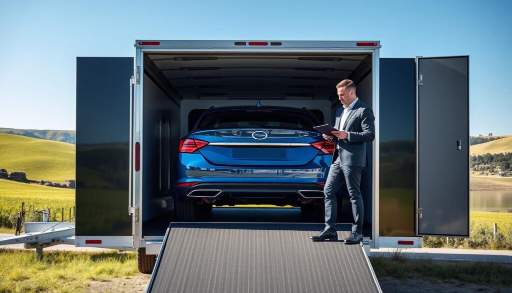 A sleek, enclosed car transport trailer parked in a lush green outdoor setting, showcasing a shiny blue sedan just loaded inside. In the foreground, the trailer's rear doors are partially closed, revealing the car, emphasizing safety and protection during transport. The middle layer features a professional auto transport driver in smart casual attire, inspecting the vehicle with a clipboard in hand, reflecting reliability and professionalism. In the background, a clear blue sky and rolling hills create a serene atmosphere, evoking a sense of trust and security in vehicle shipping. The scene is well-lit with soft, natural sunlight highlighting the contours of the trailer and car, taken from a slightly angled perspective to emphasize depth and focus on the transport process.