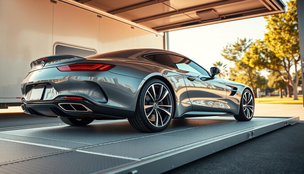 A sleek, luxury car being loaded into an enclosed transport trailer. In the foreground, show the gleaming car with a polished finish reflecting the sunlight, showcasing its aerodynamic curves and high-end details. In the middle ground, depict an open trailer with protective padding and a secure ramp, emphasizing the careful handling of the vehicle. The background features a scenic suburban setting, with trees and a clear blue sky. Utilize soft, natural lighting to create a warm and inviting atmosphere, highlighting the professionalism of the enclosed car shipping process. Capture the scene from a low angle to emphasize the grandeur of the luxury car, ensuring a dynamic perspective. Avoid any human subjects to maintain focus on the vehicle and transport method.