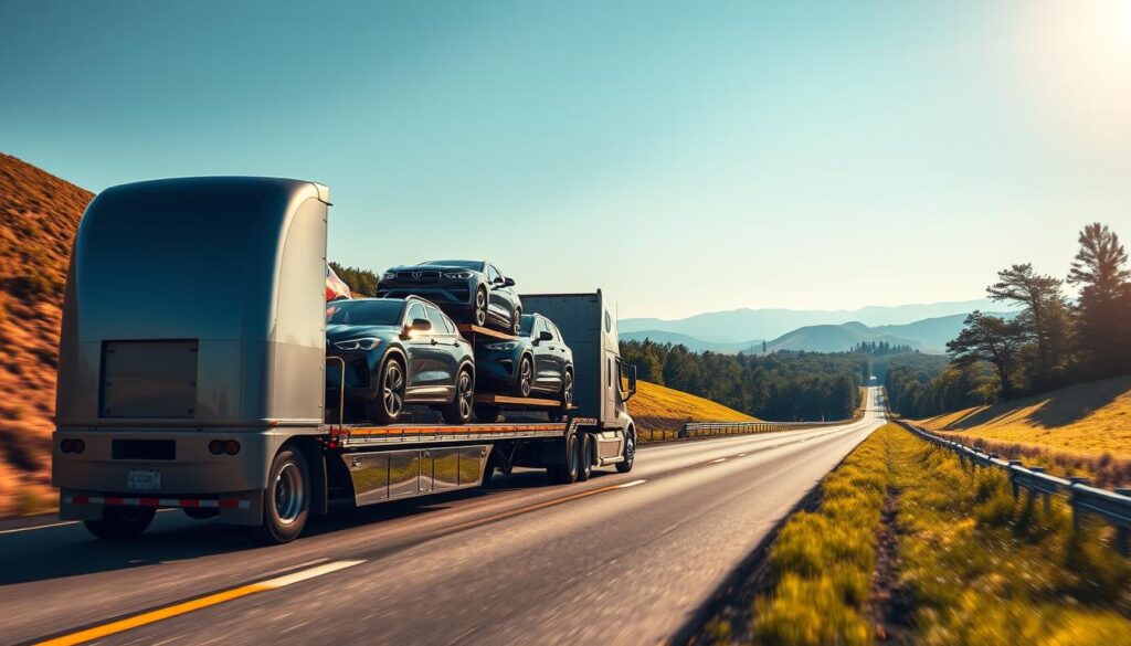 A sleek, modern auto transport truck driving along a scenic highway in North Carolina, with rolling hills and lush greenery lining the road. In the foreground, the truck, with its gleaming metallic finish, is loaded with a variety of cars, including sedans and SUVs, showcasing the diversity of vehicles that can be shipped. The middle ground features a well-defined stretch of highway, illuminated by soft, golden afternoon sunlight, creating a warm and inviting atmosphere. In the background, the iconic North Carolina landscape unfolds, dotted with pine trees and distant mountains under a clear blue sky. The image captures a sense of professionalism and efficiency in car shipping, highlighting the journey and care taken in transporting vehicles.