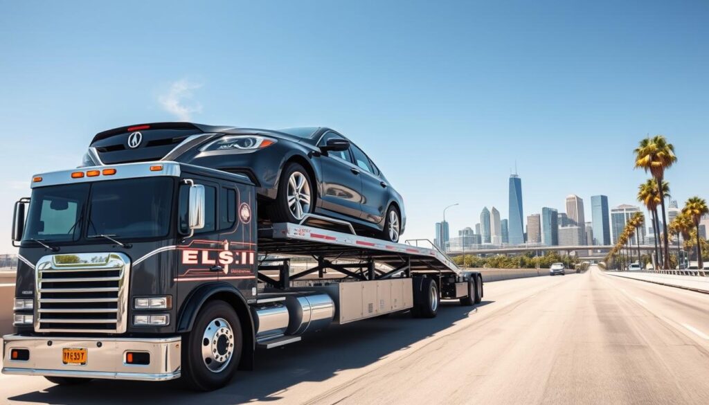 A sleek, modern auto transport truck in the foreground, showcasing a premium car securely loaded onto its deck, reflecting professionalism and reliability. The truck is equipped with polished chrome accents and a clean, functional design, emphasizing its purpose for secure auto transport. In the middle ground, a bustling Los Angeles skyline is visible under a clear blue sky, with palm trees gently swaying in the breeze, adding to the California atmosphere. The background features a sunny day with soft, warm lighting, casting gentle shadows that enhance the image's depth. The mood is confident and trustworthy, conveying a sense of efficiency and assurance in professional auto transport services. The scene is organized from the detailed truck in front to the impressive urban landscape behind, capturing the essence of auto shipping from Chicago to Los Angeles.