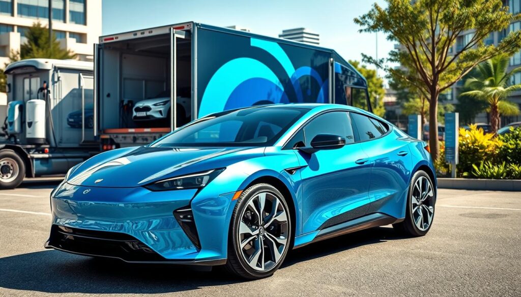 A sleek, modern battery electric vehicle (BEV) parked prominently in the foreground, showcasing its aerodynamic design and innovative features. The vehicle is painted in an eye-catching metallic blue, with a shiny finish that reflects sunlight. In the middle ground, a specialized transport truck designed for electric vehicles is partially visible, featuring charging infrastructure and secure loading mechanisms, emphasizing the need for careful handling. The background features an urban setting, with a mix of charging stations and greenery, illustrating an environmentally friendly transport solution. The scene is bathed in bright, natural daylight, creating a clean and technological atmosphere. Capture the image with a wide-angle lens to enhance depth and perspective, portraying a sense of advancement while maintaining focus on the BEV.