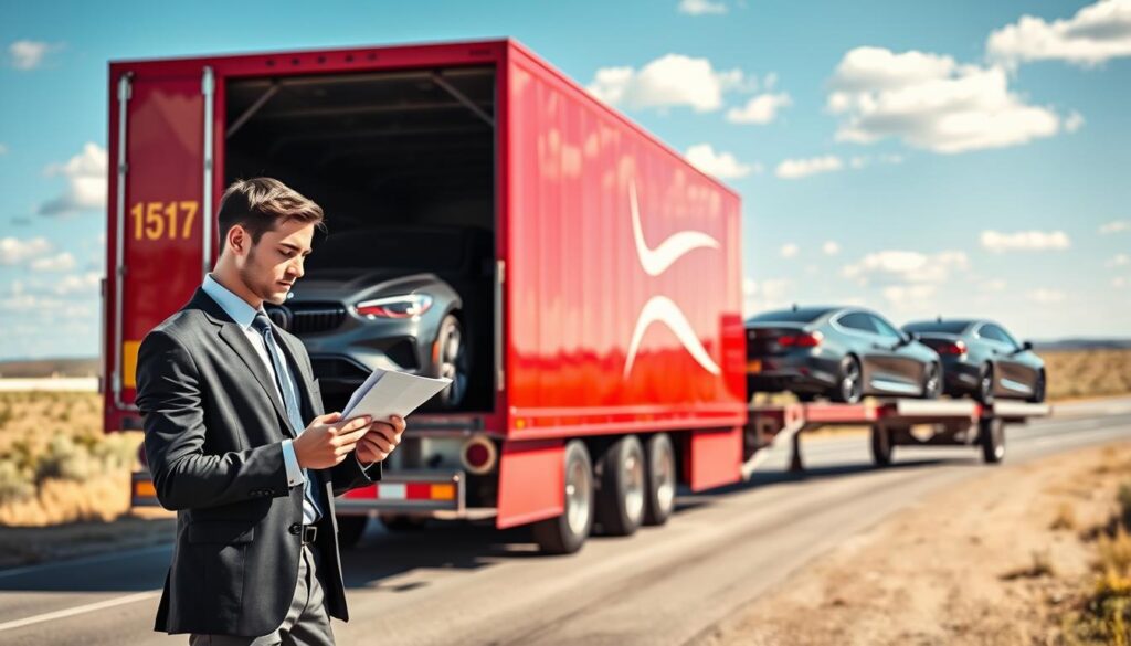 A sleek, modern car being loaded onto a bright red car transport truck on a sunny day in Texas, showcasing a picturesque landscape with wide-open spaces and blue skies in the background. In the foreground, a professional and neatly dressed young adult examines paperwork, symbolizing the logistics of car shipping. The middle ground features the truck partly loaded with various cars, conveying a sense of movement and efficiency. The lighting is warm and natural, emphasizing the vibrant colors of the Texas scenery. The overall mood is optimistic and dynamic, evoking a sense of reliability and professionalism in the car shipping process, with an emphasis on Texas' unique environment.