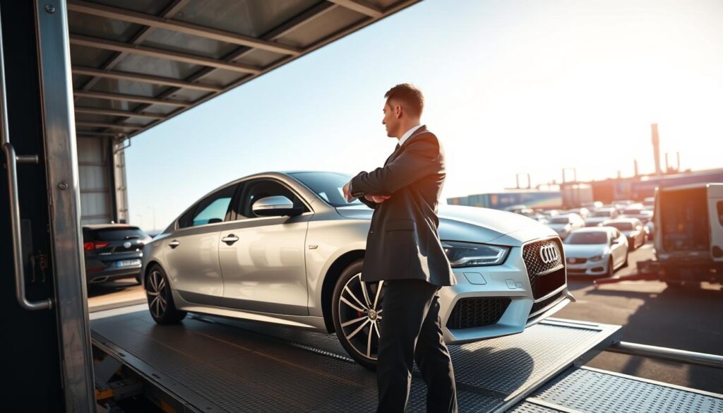 A sleek, modern car being loaded onto a professional auto transport trailer at a well-organized shipping facility. In the foreground, the focused auto transport driver, wearing a smart uniform, secures the vehicle confidently. In the middle ground, the shiny car, reflecting the sunlight, contrasts beautifully with the metallic trailer. Various other cars are visible, tightly packed and ready for shipment. The background showcases a clear blue sky and distant industrial structures, signifying a busy logistics operation. The scene is illuminated by soft, natural light, and the angle captures both the car and the equipment, enhancing the sense of a professional, efficient car shipping process. The overall mood is one of reliability and trust in auto transport services.