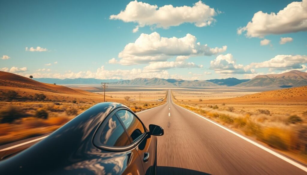 A sleek, modern car driving along a scenic highway that stretches across diverse landscapes, emphasizing the concept of cross-country travel. In the foreground, the car is prominently featured, showcasing its shiny exterior and polished design. In the middle distance, rolling hills and vast plains unfold, dotted with occasional trees and patches of wildflowers, capturing the beauty of an American road trip. The background features distant mountains under a clear blue sky with fluffy white clouds, suggesting a journey through various terrains. The warm golden hues of a late afternoon sun cast long shadows and create an inviting mood, accentuating the sense of adventure and freedom associated with cross-country vehicle shipping. The perspective is slightly angled, giving an impression of motion and speed as the car travels down the road.