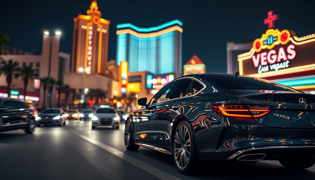 A sleek, modern car parked against the vibrant backdrop of the Las Vegas Strip, showcasing iconic neon lights and towering hotel buildings in the background. The foreground features an elevated perspective of a streamlined sedan, gleaming under the bright city lights. A busy street with blurred motion of other vehicles adds a dynamic touch in the middle ground. The lighting is bright and colorful, capturing the energetic essence of Las Vegas at night. A wide-angle shot emphasizes the iconic signs and the lively atmosphere. The scene conveys excitement and adventure, highlighting the car's journey, symbolizing the shipping process from Las Vegas to Dallas in a captivating visual narrative.