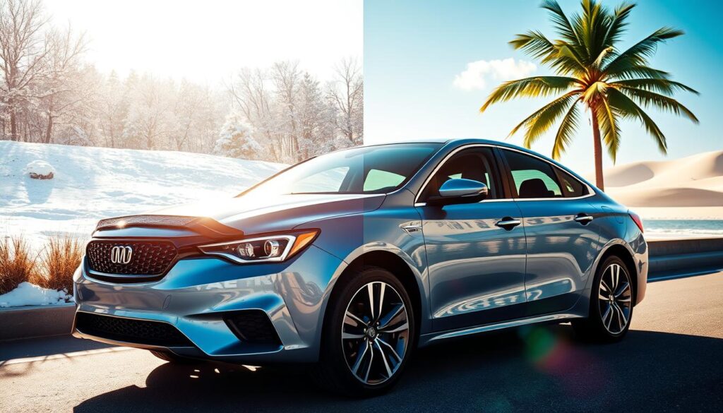 A sleek, modern car parked on a sunny street, showcasing its design against a backdrop of iconic Pennsylvania and Florida landscapes. In the foreground, the car gleams under bright sunlight, its polished exterior reflecting vibrant colors. In the middle ground, a split scene features a snowy Pennsylvania winter with gentle snowfall on one side, transitioning to a warm, sunny Florida beach on the other side, highlighting the contrasting climates. The background includes stylized palm trees symbolizing Florida's warmth and rolling hills from Pennsylvania, suggesting a journey. The mood is optimistic and inviting, captured with bright, vibrant colors and soft, natural lighting. The angle emphasizes the car's sleek lines and spacious environment, symbolizing the journey from snowy roads to sunny shores.