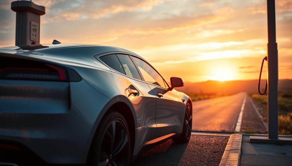 A sleek, modern electric vehicle parked at a charging station, highlighted in the foreground, showcasing its aerodynamic design and eco-friendly features. In the middle, include an open road with a distant view of rolling hills, symbolizing long-distance travel. In the background, a vibrant sunset casts a warm glow over the scene, creating an inviting atmosphere that emphasizes innovation and sustainability. The image captures a sense of freedom and progress, with subtle hints of greenery surrounding the area. Use soft, natural lighting to accentuate the vehicle's polished body and create reflections on the surface, photographed from a slightly low angle to enhance its stature and appeal. Focus on a peaceful yet dynamic mood, representing the evolution of transportation.