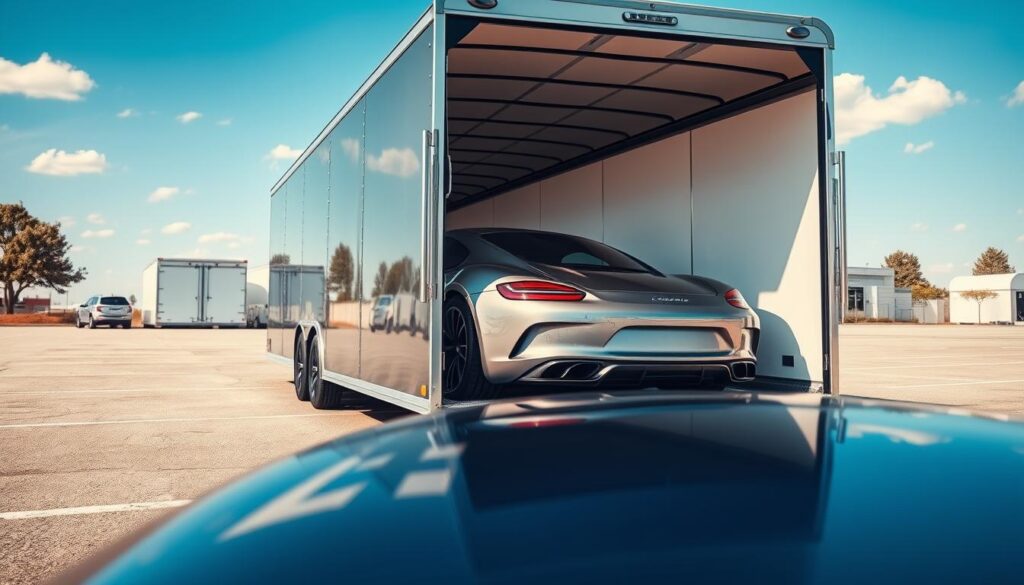 A sleek, modern enclosed car shipping trailer on a sunny day, parked in an open lot. In the foreground, a shiny luxury car, safely secured inside the trailer, reflects the sunlight, emphasizing its pristine condition. The middle ground features the trailer with a metallic finish, showcasing its solid construction and padded interior that protects the vehicle during transport. In the background, a clear blue sky with minimal clouds enhances the vivid colors of the scene. The lighting highlights the polished surfaces, creating a warm and inviting atmosphere. The angle is slightly elevated, capturing both the trailer and the luxury car within it, demonstrating the concept of safe and premium vehicle transport.