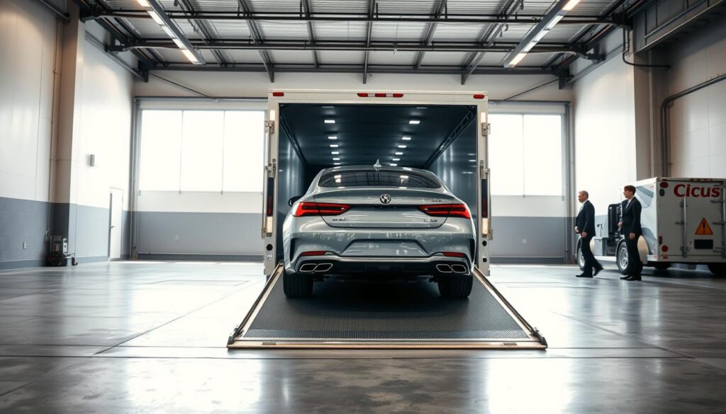 A sleek, modern enclosed car transport trailer is parked in a well-lit loading dock, showcasing its shiny exterior and sophisticated design. In the foreground, a pristine luxury car is being carefully loaded onto the trailer, with an attentive professional dressed in business attire overseeing the process. The middle of the scene captures the trailer's ramp and the car being rolled up, with visible tie-downs and soft padding ensuring the vehicle's safety. In the background, airy warehouse details and soft overhead lighting create a clean, organized atmosphere that emphasizes professionalism and care. The overall mood conveys reliability and expertise in car transportation. The angle is slightly low, capturing both the trailer and the luxury car's elegance, with natural light accentuating their sleek lines. A sleek, modern enclosed car transport trailer is parked in a well-lit loading dock, showcasing its shiny exterior and sophisticated design. In the foreground, a pristine luxury car is being carefully loaded onto the trailer, with an attentive professional dressed in business attire overseeing the process. The middle of the scene captures the trailer's ramp and the car being rolled up, with visible tie-downs and soft padding ensuring the vehicle's safety. In the background, airy warehouse details and soft overhead lighting create a clean, organized atmosphere that emphasizes professionalism and care. The overall mood conveys reliability and expertise in car transportation. The angle is slightly low, capturing both the trailer and the luxury car's elegance, with natural light accentuating their sleek lines.