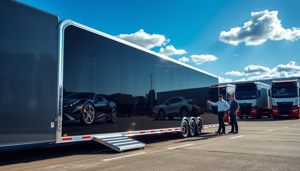 A sleek, modern enclosed car transport trailer parked in a well-lit logistics yard. In the foreground, the shiny exterior of the trailer reflects the sunlight, showcasing its aerodynamic design. A few luxury cars are visible inside the trailer, secured and protected from the elements. In the middle ground, a couple of professional individuals in business casual attire inspect the transport arrangement, exuding a sense of trust and professionalism. The background features a blurred view of other transport vehicles and the blue sky dotted with a few fluffy clouds, creating a serene and efficient atmosphere. The image is well-lit to highlight details, shot at an angle that emphasizes both the trailer's sleek design and the care taken in auto transport services.
