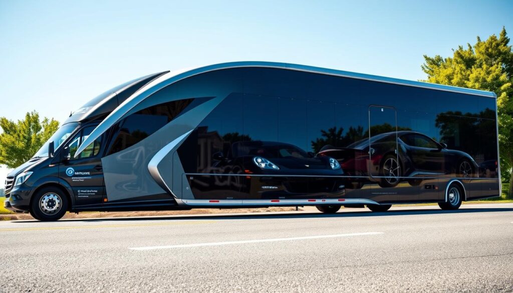 A sleek, modern enclosed car transport vehicle is in the foreground, parked on a well-maintained asphalt road. The vehicle, with its aerodynamic shape and glossy finish, displays professional branding with logos indicating vehicle shipping services. In the middle, an array of luxury cars inside the transport trailer is partially visible through transparent panels, highlighting the secure environment for vehicle transportation. The background features a sunny, blue sky and lush green trees, adding to an idyllic transport setting. The lighting is bright and natural, suggesting a pleasant day, with soft shadows enhancing the vehicle’s details. The angle is slightly elevated, providing a clear view of the transport vehicle and its valuable cargo, evoking a sense of reliability and professionalism in vehicle shipping services.