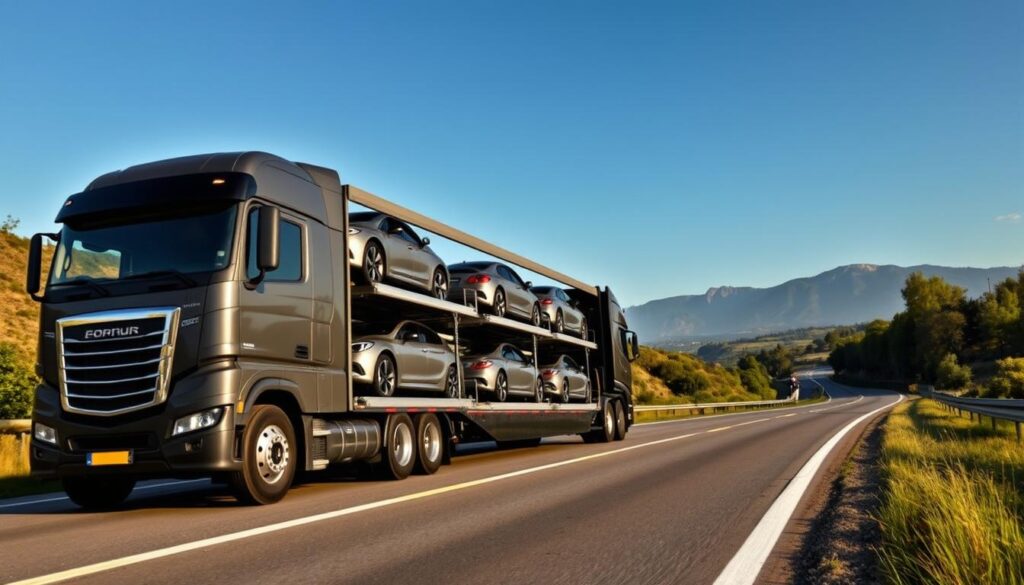 A sleek, modern open auto transport truck is prominently featured in the foreground, showcasing rows of vehicles securely fastened on the multi-level trailer. The middle ground displays a scenic highway surrounded by lush greenery and distant mountains under a clear blue sky. Soft sunlight illuminates the scene, reflecting off the vehicles, emphasizing their polished surfaces. In the background, a professional driver in business attire is seen inspecting the transport mechanism, portraying diligence and care. The angle is slightly elevated to capture both the truck and the surrounding landscape, evoking a sense of reliability and professionalism. The overall mood is determined and trustworthy, reinforcing the concept of choosing professional vehicle transport for an efficient and cost-effective service.