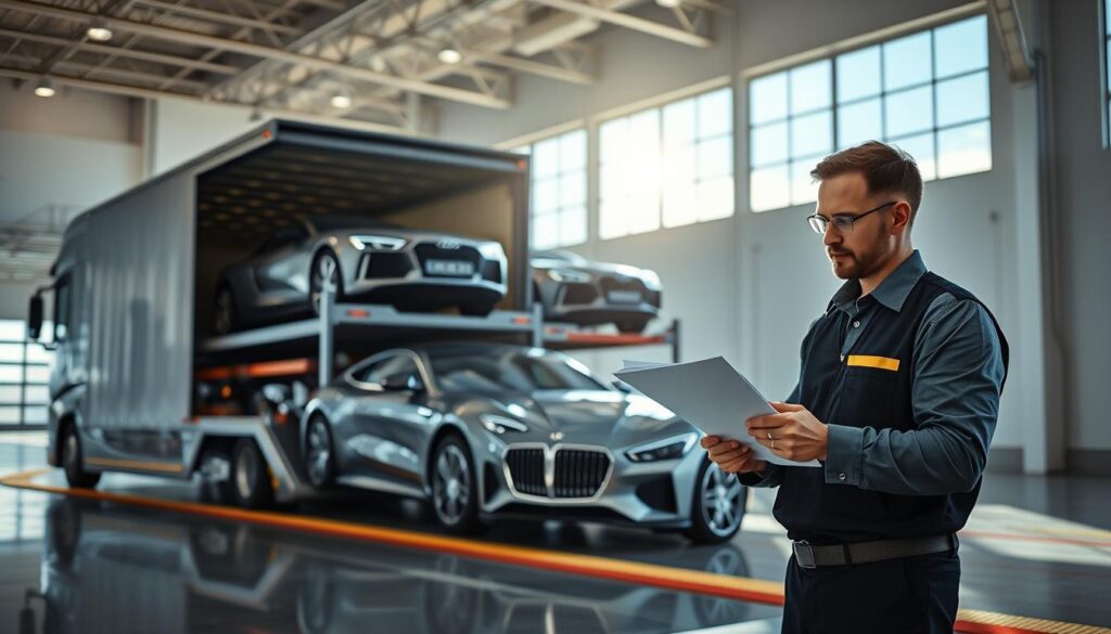 A sleek, modern transportation truck loaded with luxury cars, parked in an expansive warehouse with bright, even lighting that highlights the vehicles. In the foreground, a professional-looking driver in a clean, pressed uniform inspects the shipment checklist, embodying a sense of reliability and care. The middle ground features several high-end vehicles, gleaming under the bright lights, showcasing their pristine condition. In the background, large windows reveal a sunny sky, adding to the optimistic and professional atmosphere. The scene conveys a sense of efficiency and professionalism in vehicle transport, emphasizing financial sense and reliability for clients. The image should have a clean, polished look with a focus on the organized transport process.