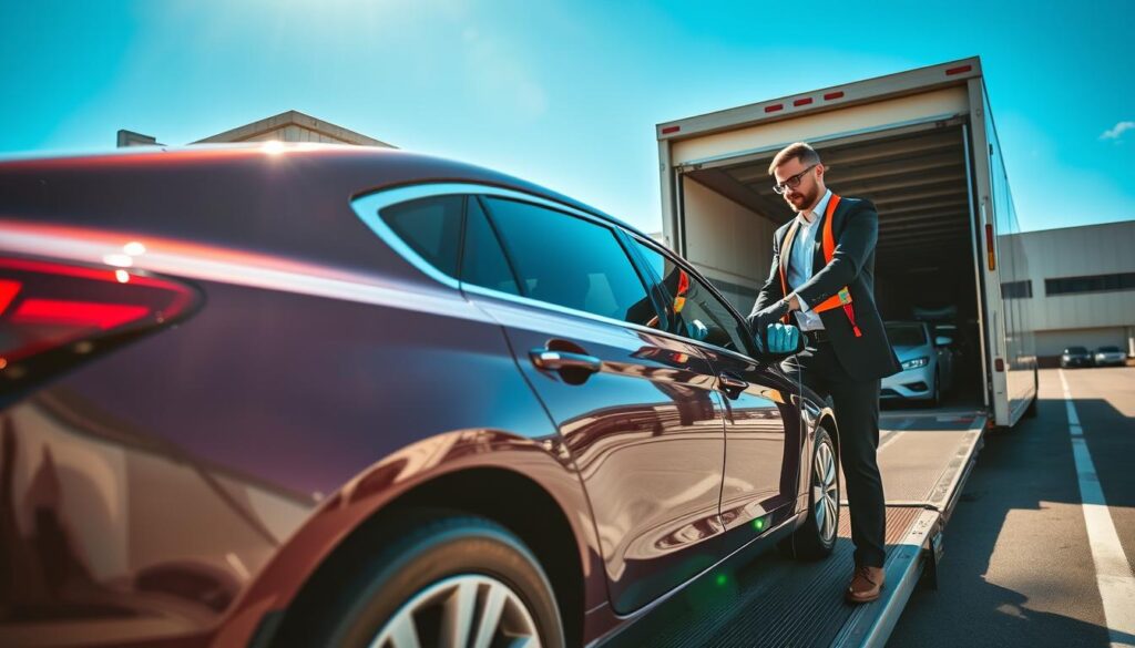 A sleek new car being loaded onto a car transport truck at a loading dock, showcasing the shipping process. The foreground features a shiny, modern sedan in vibrant colors, glinting under the bright sun. In the middle ground, a professional-looking individual in business attire, wearing gloves and safety gear, carefully secures the car with straps, demonstrating attention to detail. The background reveals a busy transport hub with several other cars lined up for shipping, conveying a sense of motion and efficiency. The scene is illuminated by natural lighting with clear blue skies, creating a positive and professional atmosphere. The image should be captured from a slightly elevated angle, providing a comprehensive view of the shipping process while maintaining focus on the main subjects.