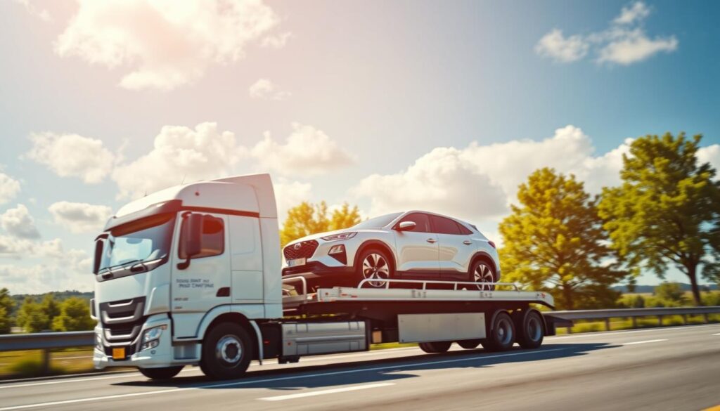 A sleek, professionally branded car shipping transport truck in the foreground, carrying a hybrid vehicle securely on a flatbed, showcasing the importance of specialized transport. The middle layer features a scenic interstate highway, flanked by lush green trees, emphasizing the journey across states. In the background, a bright blue sky with soft white clouds enhances the atmosphere of professionalism and reliability. The scene is illuminated by warm daylight, creating a vibrant, inviting mood. A lens perspective that captures both the truck and vehicle distinctly, with a slight depth of field focus on the hybrid car, underscores the care taken in professional shipping services. The overall feel is one of trustworthiness and expertise in vehicle transportation.