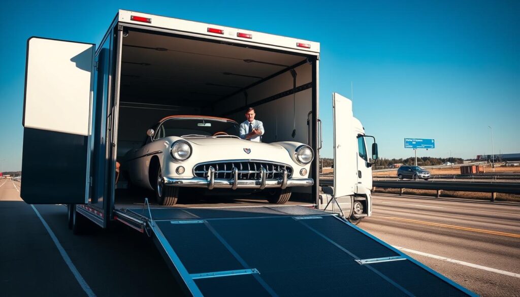A sleek specialized transport truck designed for classic car shipping is prominently displayed in the foreground, showcasing its protective features such as soft straps and a secure loading ramp. Inside the truck, a beautifully restored vintage car gleams under soft, diffused lighting, highlighting its chrome details and vibrant paint. In the middle ground, a professional driver wearing a neatly pressed uniform is carefully securing the car, demonstrating attention to detail and safety. The background features a clear blue sky and a distant highway, evoking a sense of journey and reliability. The mood is calm and reassuring, emphasizing the importance of specialized transport in ensuring safe delivery. The angle is slightly elevated to capture the truck's design and the car's elegance. A sleek specialized transport truck designed for classic car shipping is prominently displayed in the foreground, showcasing its protective features such as soft straps and a secure loading ramp. Inside the truck, a beautifully restored vintage car gleams under soft, diffused lighting, highlighting its chrome details and vibrant paint. In the middle ground, a professional driver wearing a neatly pressed uniform is carefully securing the car, demonstrating attention to detail and safety. The background features a clear blue sky and a distant highway, evoking a sense of journey and reliability. The mood is calm and reassuring, emphasizing the importance of specialized transport in ensuring safe delivery. The angle is slightly elevated to capture the truck's design and the car's elegance.