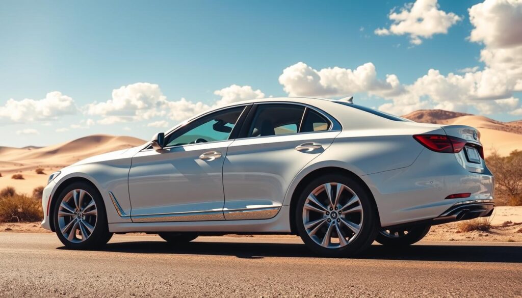 A snowbird car, an elegant, mid-sized sedan painted in a bright, reflective white, is parked on a sunlit road, surrounded by a picturesque desert landscape. In the foreground, the car is angled slightly, showcasing its sleek design, polished chrome details, and spacious interior visible through lightly tinted windows. In the middle ground, gently rolling sand dunes and sparse desert vegetation highlight the contrasts between snowy Illinois and sunny Arizona. The background features a clear blue sky with a few fluffy white clouds, conveying a warm, inviting atmosphere. Strong sunlight casts soft shadows, creating a serene feeling reminiscent of the snowbird lifestyle. The angle is low, allowing the viewer to appreciate the beauty of both the vehicle and the vibrant desert scenery, emphasizing freedom and adventure.