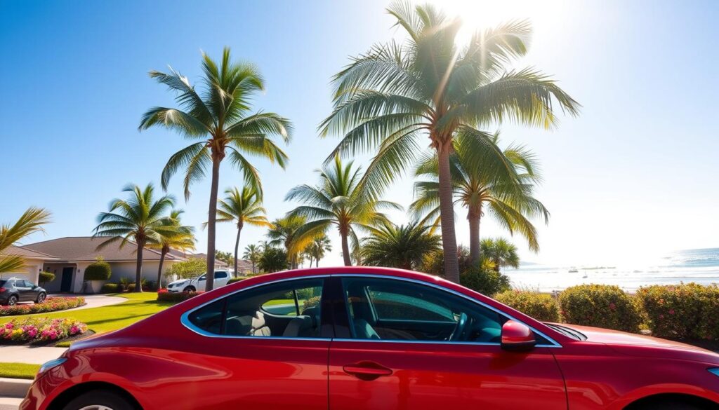 A snowbird car parked under a bright, sunny blue sky in a tropical setting, showcasing a sleek, modern sedan with a shiny exterior. In the foreground, the car's vibrant color gleams under the sunlight, reflecting the happiness of the snowbird lifestyle. The middle ground features a well-manicured lawn adorned with palm trees and colorful flowers, suggesting a serene Florida neighborhood. In the background, distant ocean waves gently lap against the shore, hinting at a relaxing vacation atmosphere. Use a warm, bright lighting to evoke a welcoming, cheerful mood, capturing the essence of leisure and escape. The image should be shot from a slightly elevated angle, emphasizing the car and its surroundings, without any people or distractions.