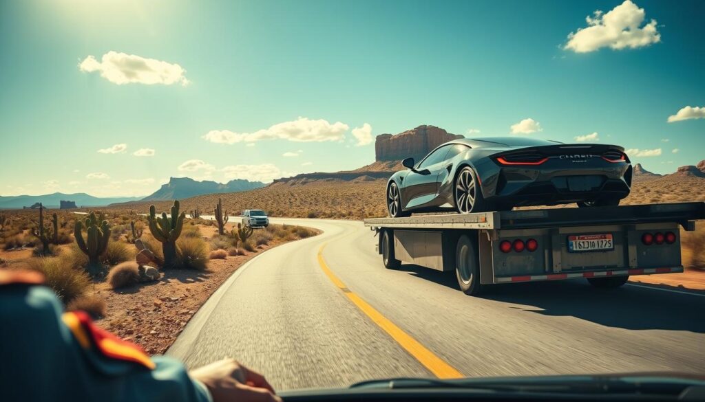 A snowbird car shipping scene featuring a sleek, modern car on a flatbed truck, driving along a sunlit highway from Illinois to Arizona. In the foreground, the truck driver, wearing a professional uniform, is focused on the road. The middle ground showcases the vehicle securely loaded and the truck navigating a winding road surrounded by picturesque desert landscapes. Cacti and vibrant rock formations illustrate the transition from the lush greenery of Illinois to the warm, arid environment of Arizona. The sky is a brilliant blue with a few fluffy clouds, casting soft shadows on the truck, creating an inviting atmosphere. Use a wide-angle lens to capture the expansive scenery, enhancing the feeling of journey and adventure. The image should convey professionalism and reliability in car shipping.