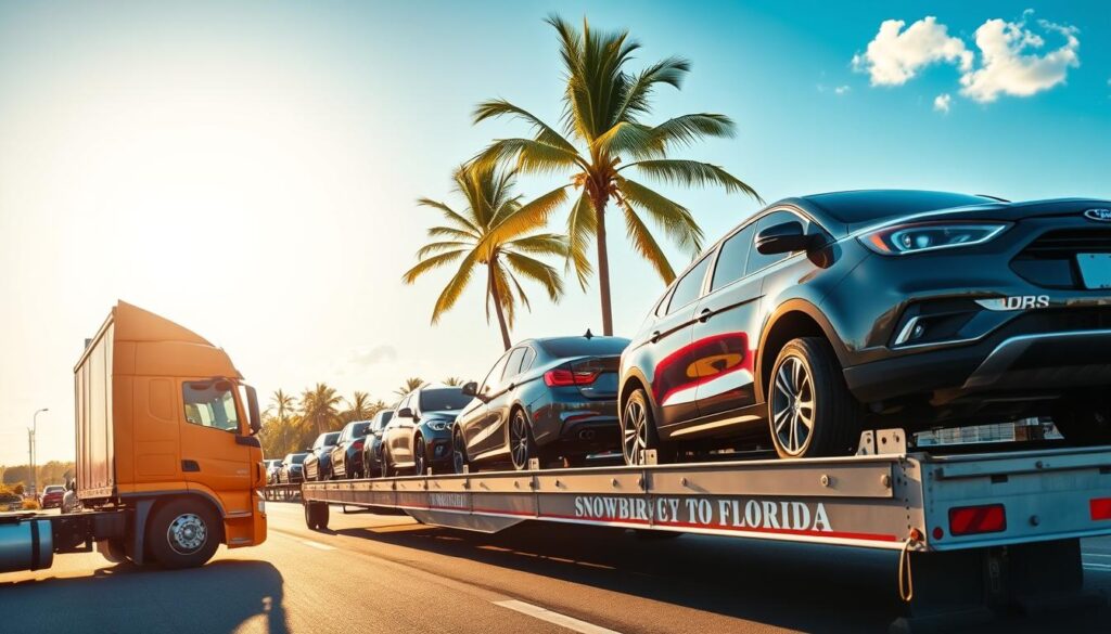 A snowbird vehicle transport scene, showcasing a truck carrying multiple cars, all neatly secured for transit. In the foreground, the truck is detailed with bright colors, showing the company logo prominently displayed on the side. The middle ground features a row of diverse vehicles, including sedans and SUVs, all ready for the journey from Connecticut to Florida. The background reveals a sunny Florida landscape with palm trees and clear blue skies, symbolizing warmth and migration. Soft, warm lighting highlights the scene, suggesting early morning or late afternoon. The atmosphere is cheerful and optimistic, capturing the essence of snowbirds embarking on their seasonal adventure. The image is meticulously composed to convey a sense of professionalism and reliability in vehicle transport. A snowbird vehicle transport scene, showcasing a truck carrying multiple cars, all neatly secured for transit. In the foreground, the truck is detailed with bright colors, showing the company logo prominently displayed on the side. The middle ground features a row of diverse vehicles, including sedans and SUVs, all ready for the journey from Connecticut to Florida. The background reveals a sunny Florida landscape with palm trees and clear blue skies, symbolizing warmth and migration. Soft, warm lighting highlights the scene, suggesting early morning or late afternoon. The atmosphere is cheerful and optimistic, capturing the essence of snowbirds embarking on their seasonal adventure. The image is meticulously composed to convey a sense of professionalism and reliability in vehicle transport.