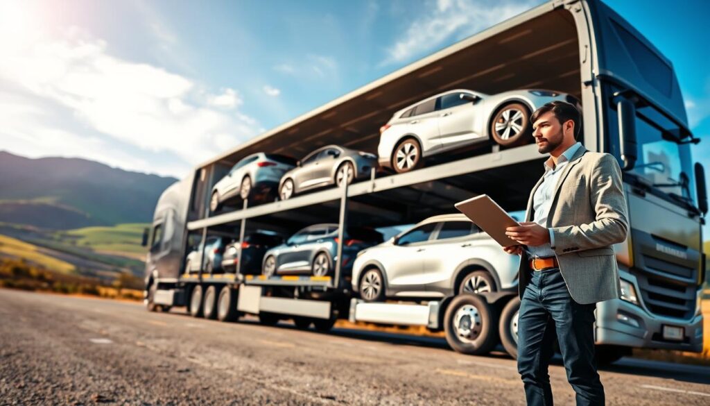 A spacious, modern auto transport truck is parked in a scenic location, showcasing a selection of diverse vehicles, including an electric car and a family SUV. In the foreground, a professional remote worker in smart casual attire inspects the transport truck, holding a tablet for tracking. The middle ground depicts the truck with multiple layered transport levels, securely holding various cars. The background features a vibrant landscape, perhaps rolling hills or a clear blue sky, emphasizing a sense of freedom and mobility. Soft, natural lighting enhances the scene, creating an inviting and optimistic atmosphere. The composition is shot from a low angle to highlight the truck, suggesting reliability and strength in vehicle transport for remote workers.