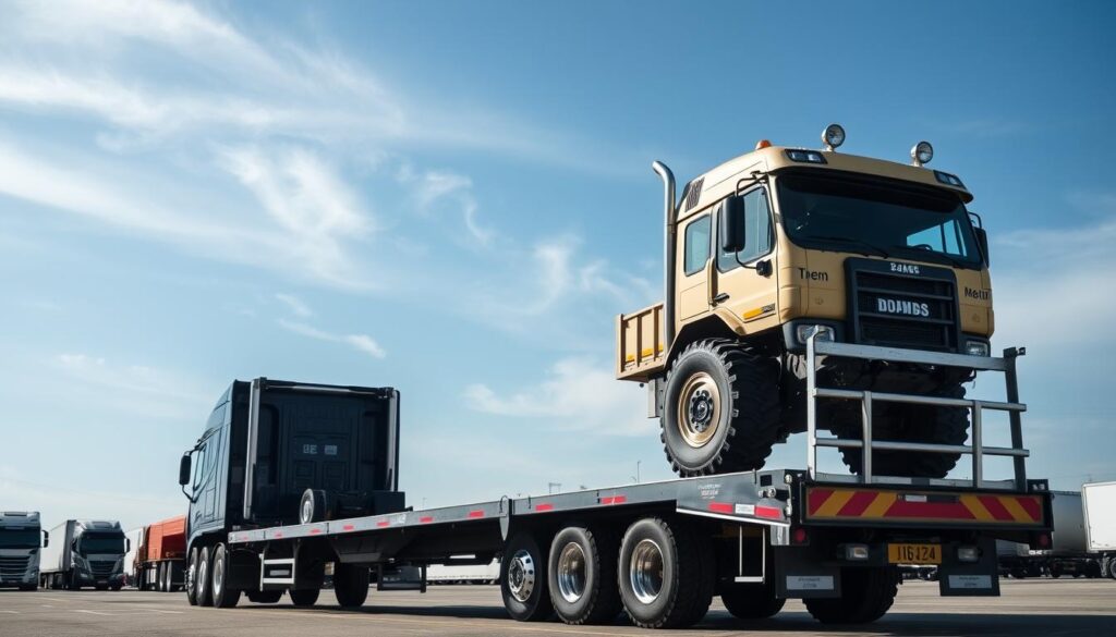 A specialized vehicle transport scene featuring a large, modern flatbed truck designed for oversized vehicles. In the foreground, the flatbed truck is loaded with a massive construction vehicle, showcasing its height and bulk. The middle ground includes a busy logistics yard with several other trucks and specialized trailers, all in professional colors. The background features a clear blue sky with soft, white clouds, conveying a bright day, creating a mood of efficiency and reliability. The lighting is natural and crisp, casting soft shadows. The camera angle is slightly low, emphasizing the size of both the truck and the cargo. The atmosphere suggests a professional and safe environment, highlighting the necessity of specialized transport for oversized vehicles.