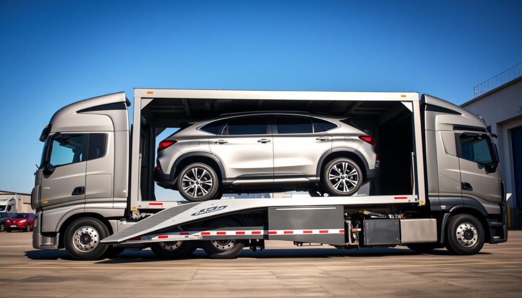 A specialized vehicle transport setup focusing on weight and clearance for SUVs. In the foreground, a robust transport truck with a dual-level trailer, designed specifically for SUVs, prominently displaying its ramps. The middle ground features a sleek, modern SUV being loaded onto the trailer, showcasing the careful handling required for larger vehicles. In the background, a clear blue sky with a hint of industry—perhaps a warehouse or loading dock—to suggest a transport environment. The scene is brightly lit, highlighting the metallic surfaces of the truck and the SUV, with a wide-angle lens effect to emphasize the scale and importance of specialized transportation. The mood is professional and efficient, conveying the attention needed for safe car shipping.