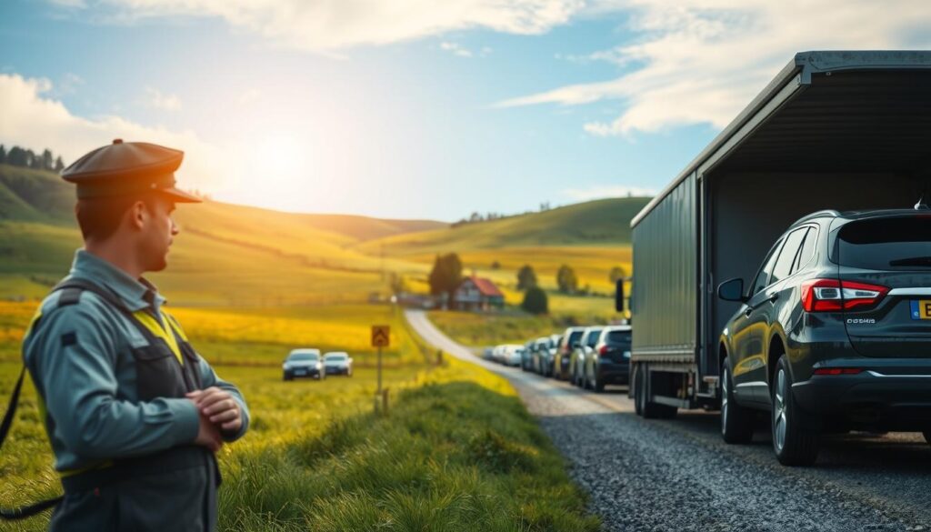 A tranquil rural landscape depicting auto transport logistics, featuring a transport truck unloading vehicles in an open field surrounded by lush green hills. In the foreground, a professional driver in a neat uniform inspects a car, ensuring quality service. The middle ground showcases a fleet of cars waiting for transport, lined along a gravel road with distant trees and a small farmhouse visible. In the background, a clear blue sky with soft, diffused sunlight casts warm highlights on the scene, enhancing the peaceful atmosphere. The perspective captures the scale of the logistics operation in relation to the serene countryside, with a focus on the efficiency and organization of the rural transportation process.