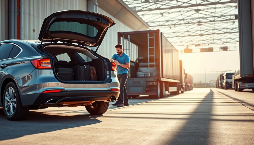 A transport scene featuring a car being loaded onto a car carrier truck. In the foreground, a modern sedan is positioned with its trunk open, revealing neatly packed luggage inside. The middle ground shows a professional driver in a blue polo shirt, inspecting and securing the luggage before shipment. The backdrop includes a bustling shipping terminal with other vehicles waiting to be loaded. Bright daylight illuminates the scene, casting soft shadows that enhance the details. The angle captures a slight low perspective, emphasizing the height of the carrier truck. The atmosphere is efficient and organized, conveying professionalism in the car shipping process.