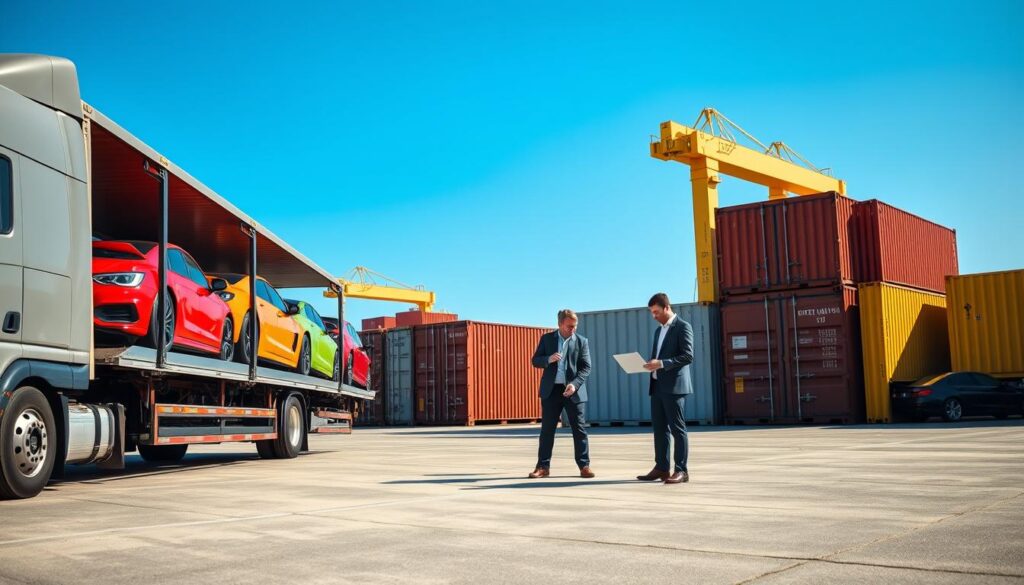 A transport truck carrying several brightly colored cars, parked in the foreground against a backdrop of a sunlit shipping yard. In the middle ground, logistics workers in professional attire are discussing transportation routes over a laptop, surrounded by shipping containers. In the background, a clear blue sky contrasts with the industrial elements, showcasing a sense of organization and efficiency. The lighting is bright and natural, lending a warm atmosphere, while shadows create depth around the vehicles. A slight angle from the left gives a dynamic view, capturing the hustle of the auto transport industry. The overall mood is professional and focused, emphasizing the factors that influence auto transport logistics.