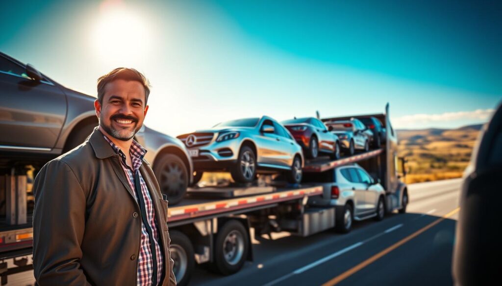 A transport truck loaded with multiple cars, parked in a serene, sunlit area, showcasing various makes and models of vehicles, including sedans, SUVs, and trucks. In the foreground, a professional driver in business attire inspects the shipment with an expression of satisfaction. The middle ground features the transport truck with glossy, vibrant colors reflecting the sunlight. In the background, a vast American landscape with rolling hills and a clear blue sky, creating an open and inviting atmosphere. The lighting is bright and cheerful, suggesting reliability and affordability. The angle is slightly elevated, providing a comprehensive view of the transport scene, emphasizing the efficiency of car shipping services. A transport truck loaded with multiple cars, parked in a serene, sunlit area, showcasing various makes and models of vehicles, including sedans, SUVs, and trucks. In the foreground, a professional driver in business attire inspects the shipment with an expression of satisfaction. The middle ground features the transport truck with glossy, vibrant colors reflecting the sunlight. In the background, a vast American landscape with rolling hills and a clear blue sky, creating an open and inviting atmosphere. The lighting is bright and cheerful, suggesting reliability and affordability. The angle is slightly elevated, providing a comprehensive view of the transport scene, emphasizing the efficiency of car shipping services.