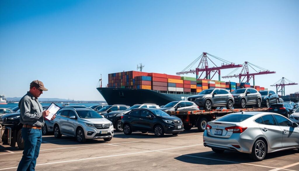 A transport truck loaded with various cars, including sedans and SUVs, parked in a logistics yard under a bright blue sky. In the foreground, the truck driver, dressed in professional attire, inspects the vehicle loading schedule with a clipboard in hand. The middle ground features rows of parked cars waiting for shipment, each shiny and well-maintained, showcasing the types of vehicles commonly shipped. In the background, a large shipping container ship can be seen docked at a bustling port, with cranes loading additional cargo, creating a sense of movement and logistics. The atmosphere is industrious and organized, illuminated by natural sunlight, highlighting the efficiency of the car shipping process. Capture the scene from a slightly elevated angle for a comprehensive view of this busy car shipping operation.