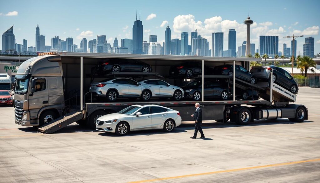 A transportation yard filled with various types of cars being loaded onto a large car transport truck, showcasing the process of shipping vehicles from Detroit to Florida. In the foreground, a well-maintained transport truck is positioned, its ramp lowered, with several shiny sedans and SUVs being carefully loaded. The middle ground includes workers in professional business attire overseeing the loading process, ensuring everything runs smoothly. The background features a vast skyline of Detroit, merging with elements of sunny Florida scenery, symbolizing the journey. The scene is lit with bright daylight, highlighting the vibrant colors of the cars and the clear blue sky above. Capture a sense of excitement and professionalism in the atmosphere, illustrating the logistics of shipping cars across states efficiently.