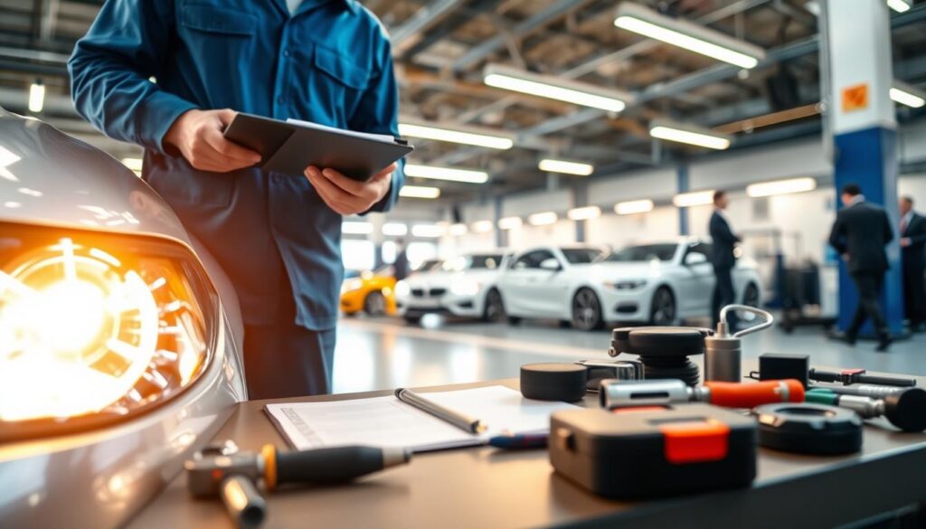 A vehicle inspection scene in a well-lit automotive service garage. In the foreground, a professional technician wearing a blue uniform is examining a clean, shiny car with bright headlights, using a clipboard and a flashlight to check for any surface imperfections. In the middle ground, there are various tools and inspection equipment neatly arranged on a workbench, with a checklist visible. The background reveals a spacious garage with warm, inviting overhead lights, accented by a few other cars being inspected and technicians in business attire. The atmosphere is one of focus and professionalism, emphasizing the importance of cleanliness in the inspection process. The angle is slightly tilted to capture both the technician's meticulous work and the overall context of the inspection environment. A vehicle inspection scene in a well-lit automotive service garage. In the foreground, a professional technician wearing a blue uniform is examining a clean, shiny car with bright headlights, using a clipboard and a flashlight to check for any surface imperfections. In the middle ground, there are various tools and inspection equipment neatly arranged on a workbench, with a checklist visible. The background reveals a spacious garage with warm, inviting overhead lights, accented by a few other cars being inspected and technicians in business attire. The atmosphere is one of focus and professionalism, emphasizing the importance of cleanliness in the inspection process. The angle is slightly tilted to capture both the technician's meticulous work and the overall context of the inspection environment.
