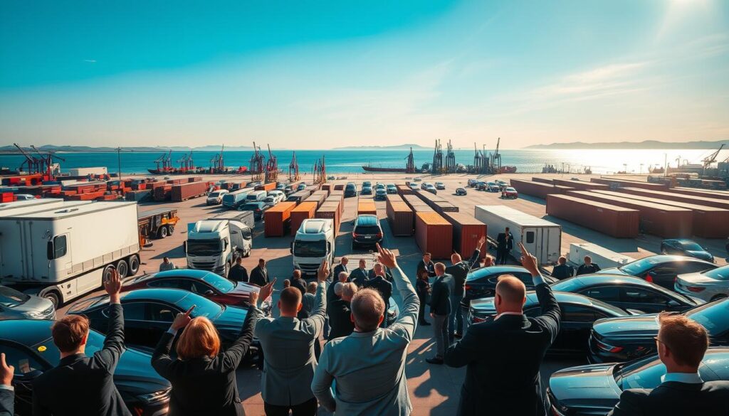 A vibrant auction shipping landscape featuring a bustling auto auction scene. In the foreground, professional bidders, dressed in business attire, enthusiastically raise their paddles amidst rows of elegant, high-end vehicles. The middle ground highlights a dynamic shipping yard with sleek transport trucks and shipping containers, while logistics personnel coordinate the loading process. In the background, a clear blue sky complements a shimmering horizon dotted with shipping cranes and distant warehouses. The sunlight casts warm, inviting shadows, enhancing the excitement of the auction atmosphere. Capture the scene from a slightly elevated angle to provide a comprehensive view of the activity, conveying a sense of trust and professionalism in vehicle shipping solutions for auction buyers.