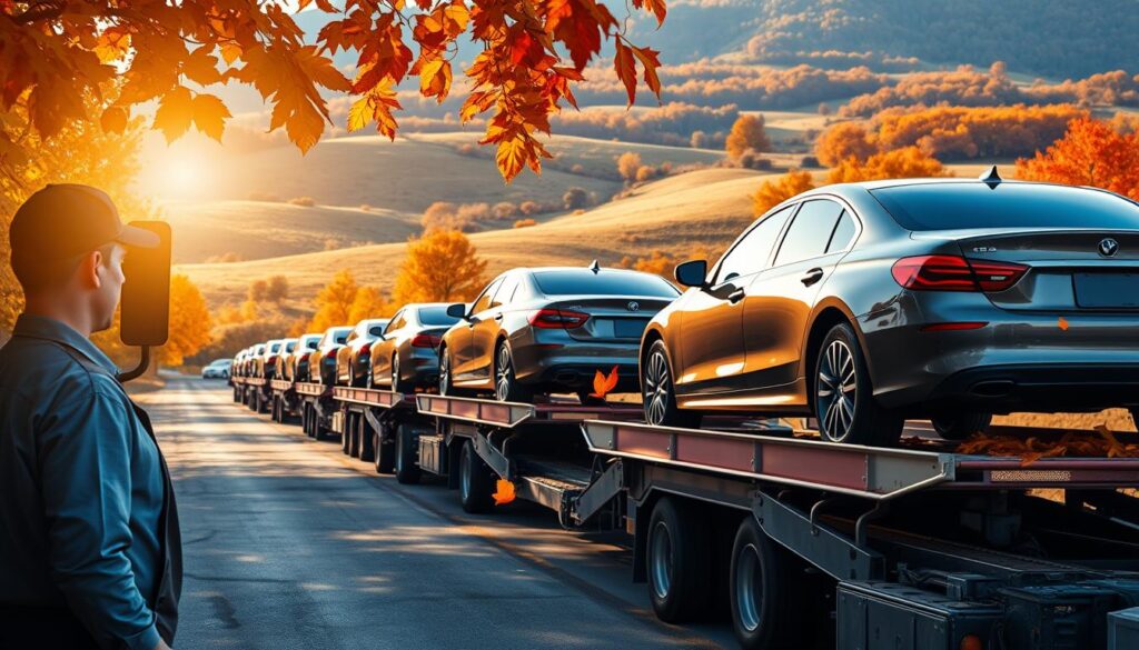 A vibrant autumn landscape showcasing a car shipping scene, where multiple car carriers are lined up, loaded with vehicles ready for transport. In the foreground, a professional truck driver, dressed in smart casual attire, inspects one of the carriers under soft, warm afternoon sunlight. In the middle ground, several shiny new cars in various colors are neatly arranged on the carrier, with leaves in shades of orange, red, and gold drifting gently around them. The background features rolling hills dotted with trees in full fall foliage, creating a picturesque setting. The lighting is soft and inviting, portraying a feeling of tranquility and readiness. Use a wide-angle lens for a slightly elevated view to capture the entire scene in vibrant detail, ensuring a clear and crisp focus. A vibrant autumn landscape showcasing a car shipping scene, where multiple car carriers are lined up, loaded with vehicles ready for transport. In the foreground, a professional truck driver, dressed in smart casual attire, inspects one of the carriers under soft, warm afternoon sunlight. In the middle ground, several shiny new cars in various colors are neatly arranged on the carrier, with leaves in shades of orange, red, and gold drifting gently around them. The background features rolling hills dotted with trees in full fall foliage, creating a picturesque setting. The lighting is soft and inviting, portraying a feeling of tranquility and readiness. Use a wide-angle lens for a slightly elevated view to capture the entire scene in vibrant detail, ensuring a clear and crisp focus.
