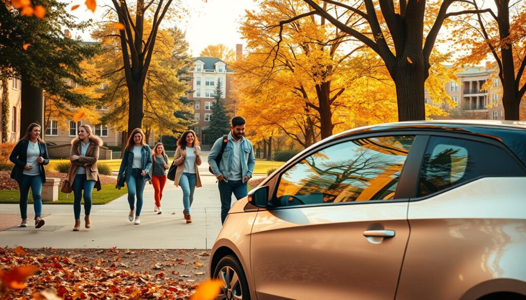 A vibrant college campus scene featuring a compact car parked near a dormitory, surrounded by autumn leaves. In the foreground, the sleek vehicle shines under soft, golden hour lighting, emphasizing its colors and curves. The middle layer showcases students walking by, engaged in animated conversations, dressed in modest casual clothing, reflecting the lively atmosphere of college life. In the background, tall trees with colorful foliage frame the scene, along with a glimpse of campus buildings, highlighting the academic environment. The overall mood is cheerful and dynamic, capturing the excitement of student life, while subtly hinting at the practicality of having a car on campus for convenience and mobility. The image should have a clear, wide angle, allowing for a sense of depth and immersion.
