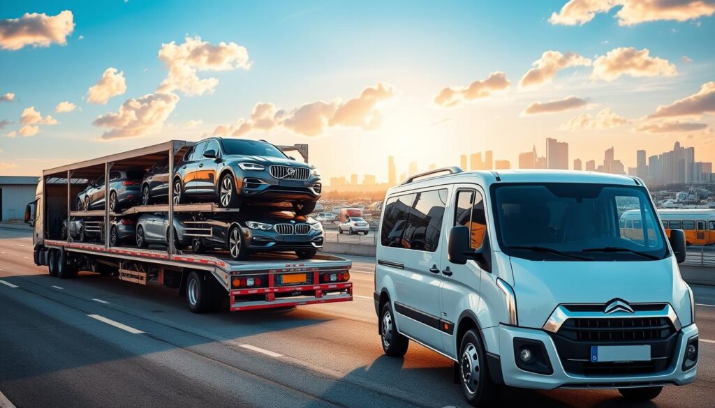 A vibrant scene capturing the dynamic auto transport industry, featuring a modern car transport truck in the foreground with shiny vehicles securely loaded onto it. The middle section showcases a bustling auto transport terminal, with several employees dressed in smart business attire coordinating logistics. In the background, a clear blue sky with soft clouds and a distant city skyline under warm sunlight enhances the atmosphere. The angle captures the transport truck slightly from a low perspective, emphasizing its robust design. The mood is professional yet approachable, illustrating efficiency and reliability in car shipping services, with natural lighting highlighting the details of both the vehicles and the transport environment.