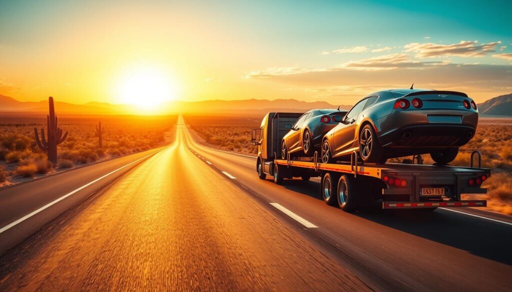 A vibrant scene depicting a car transport truck on a sunlit highway stretching across the Texas desert, heading toward Arizona. In the foreground, showcase a well-maintained car transporter loaded with multiple vehicles, highlighting their sleek designs. In the middle ground, capture the expansive Texas landscape with cacti and distant mountains, giving a sense of journey and adventure. The background should include a sunset casting warm golden hues across the sky, creating an inviting atmosphere. Use a wide-angle lens for a dynamic perspective, emphasizing the depth of the route. The overall mood should be energetic and optimistic, reflecting the excitement of car shipping from Texas to Arizona, while ensuring all elements are professional and safe for work.