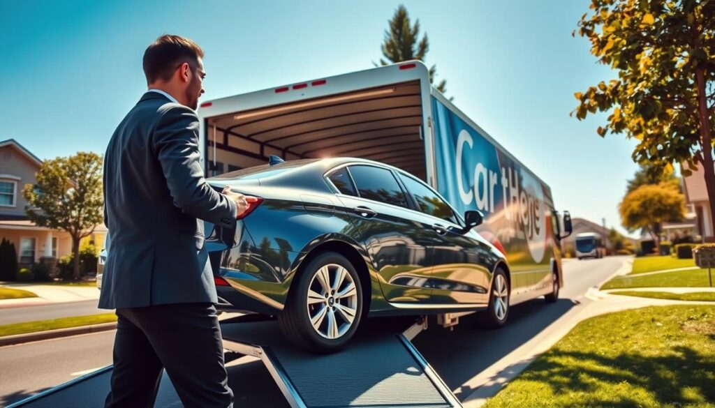 A vibrant scene depicting a door-to-door car shipping service in action. In the foreground, a professional driver in business attire is carefully unloading a shiny, new sedan from a covered transport truck. The vehicle is gleaming in the soft morning light, showcasing its glossy paint. In the middle ground, the transport truck, adorned with branding that indicates a car shipping company, is parked on a residential street, surrounded by well-maintained houses and lush greenery. In the background, a clear blue sky enhances the peaceful suburban atmosphere. The image should have a bright, welcoming mood, with natural lighting casting soft shadows, ideally captured at eye level to emphasize the sense of personal service and reliability in car shipping. A vibrant scene depicting a door-to-door car shipping service in action. In the foreground, a professional driver in business attire is carefully unloading a shiny, new sedan from a covered transport truck. The vehicle is gleaming in the soft morning light, showcasing its glossy paint. In the middle ground, the transport truck, adorned with branding that indicates a car shipping company, is parked on a residential street, surrounded by well-maintained houses and lush greenery. In the background, a clear blue sky enhances the peaceful suburban atmosphere. The image should have a bright, welcoming mood, with natural lighting casting soft shadows, ideally captured at eye level to emphasize the sense of personal service and reliability in car shipping.