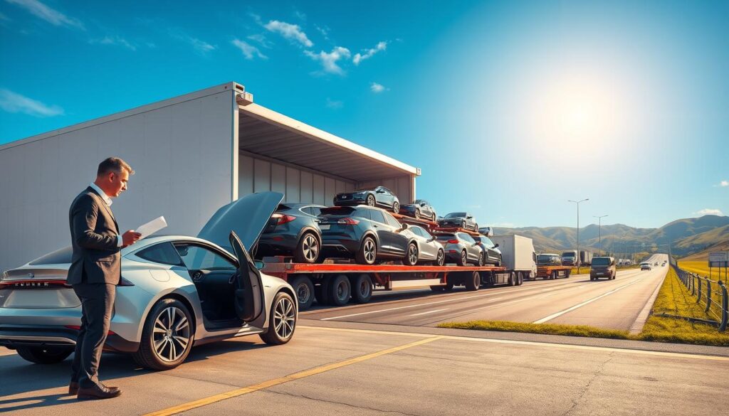 A vibrant scene depicting a modern vehicle shipping yard, with several electric cars being loaded onto a large transport truck. In the foreground, a professional worker in business attire is reviewing shipping documents, standing next to a sleek, shiny electric car with its doors open. In the middle ground, a transport truck with a multi-car carrier is being loaded, showcasing a variety of electric vehicle models under clear blue skies, with the sun casting soft, natural light. In the background, a busy highway and green hills create a sense of movement and progress. The overall mood is efficient and optimistic, highlighting the future of vehicle transport in a sustainable world.
