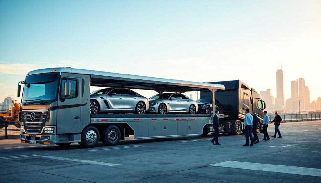 A vibrant scene depicting a professional auto transport company in action. In the foreground, showcase an elegantly designed vehicle transporter truck loaded with luxury cars, emphasizing the safety and care taken during transport. The middle ground features a bustling logistics hub with workers in professional attire, coordinating the shipping process, demonstrating teamwork and efficiency. In the background, a clear blue sky with a hint of Atlanta's skyline merges into the distant outlines of New York City, symbolizing the journey ahead. Soft, natural lighting encapsulates the scene, creating a warm, trustworthy atmosphere. The angle should be slightly elevated to capture the entirety of the transporter and the workers below, emphasizing professionalism and reliability in car shipping.