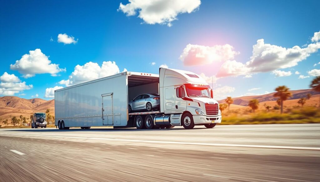 A vibrant scene depicting a snowbird vehicle transport, showcasing a white enclosed car carrier truck on a sunlit highway, traveling from Ohio to Florida. In the foreground, detail the truck's gleaming exterior, with a sleek sedan secured inside the carrier, hinting at its destination. In the middle ground, show a clear blue sky with fluffy white clouds, symbolizing the transition to warmer weather. In the background, include a picturesque landscape of rolling hills fading into palm trees, suggesting the change from Ohio’s winter to Florida’s sunny environment. The lighting should be bright and cheerful, evoking a sense of optimism and adventure, shot from a slightly low angle to emphasize the truck’s impressive size and purpose.