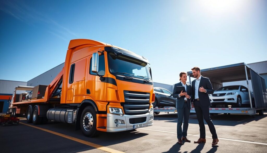 A vibrant scene depicting an auto transport truck loading vehicles under a clear blue sky. In the foreground, a large car carrier truck, brightly colored and detailed, is positioned at a loading dock. The middle ground showcases two individuals, a broker and a carrier representative, both dressed in professional business attire, discussing logistics with a clipboard and a smartphone. In the background, several vehicles are seen being loaded onto the transport truck, emphasizing the process of vehicle transport. The sunlight casts realistic shadows, adding depth to the scene. The overall mood is professional and efficient, capturing the essence of vehicle shipping and the working relationship between brokers and carriers.