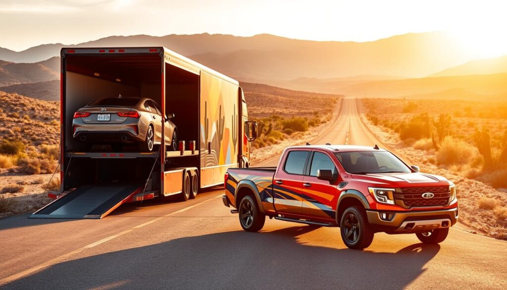 A vibrant scene depicting auto transport in the foreground, featuring a car being loaded onto a sleek, modern car carrier truck. The truck, painted in bright colors, stands prominently with ramps extended, while a powerful pickup truck with an eye-catching design waits by the side. In the middle ground, a road stretches towards the horizon, symbolizing the journey from San Antonio to Phoenix. Rolling desert hills and cacti mark the background, bathed in warm, late afternoon sunlight casting long shadows. The atmosphere is dynamic yet professional, evoking a sense of anticipation for the journey. The composition should be shot at a slightly elevated angle to capture both the truck and the surroundings, with a focus on clarity and detail, highlighting the importance of safe vehicle transport.